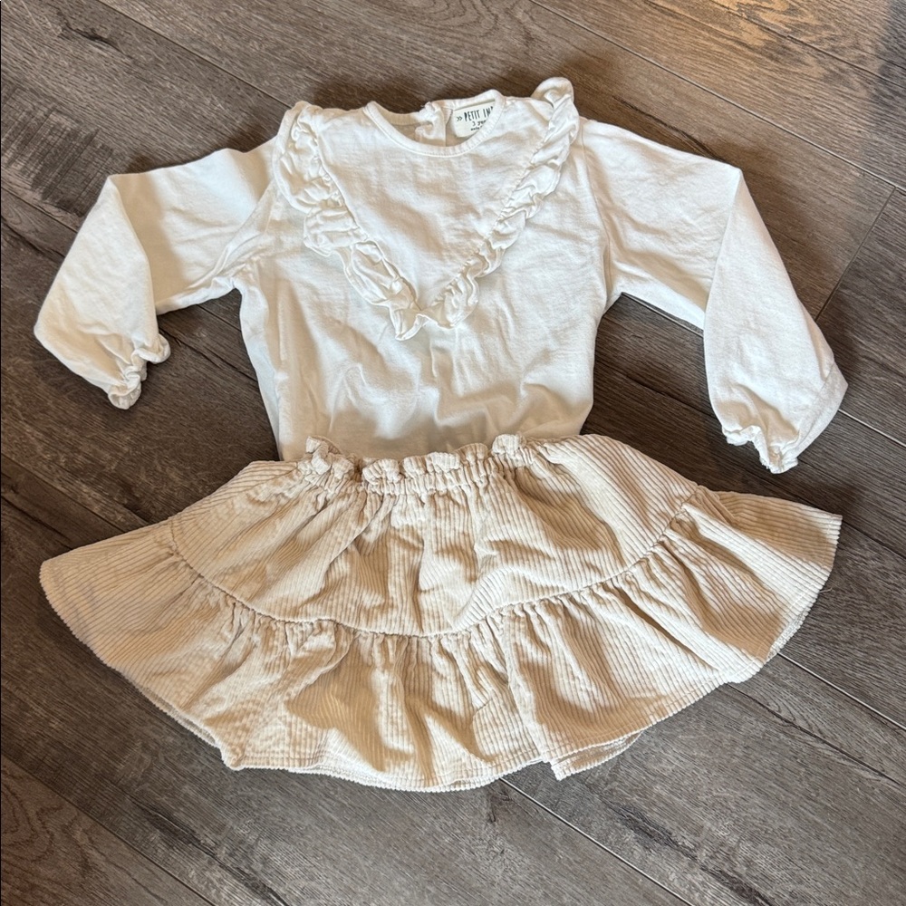 Petit Indi Ruffled Long Sleeve Top and Cream Corduroy Flare Skirt - Matching Set
